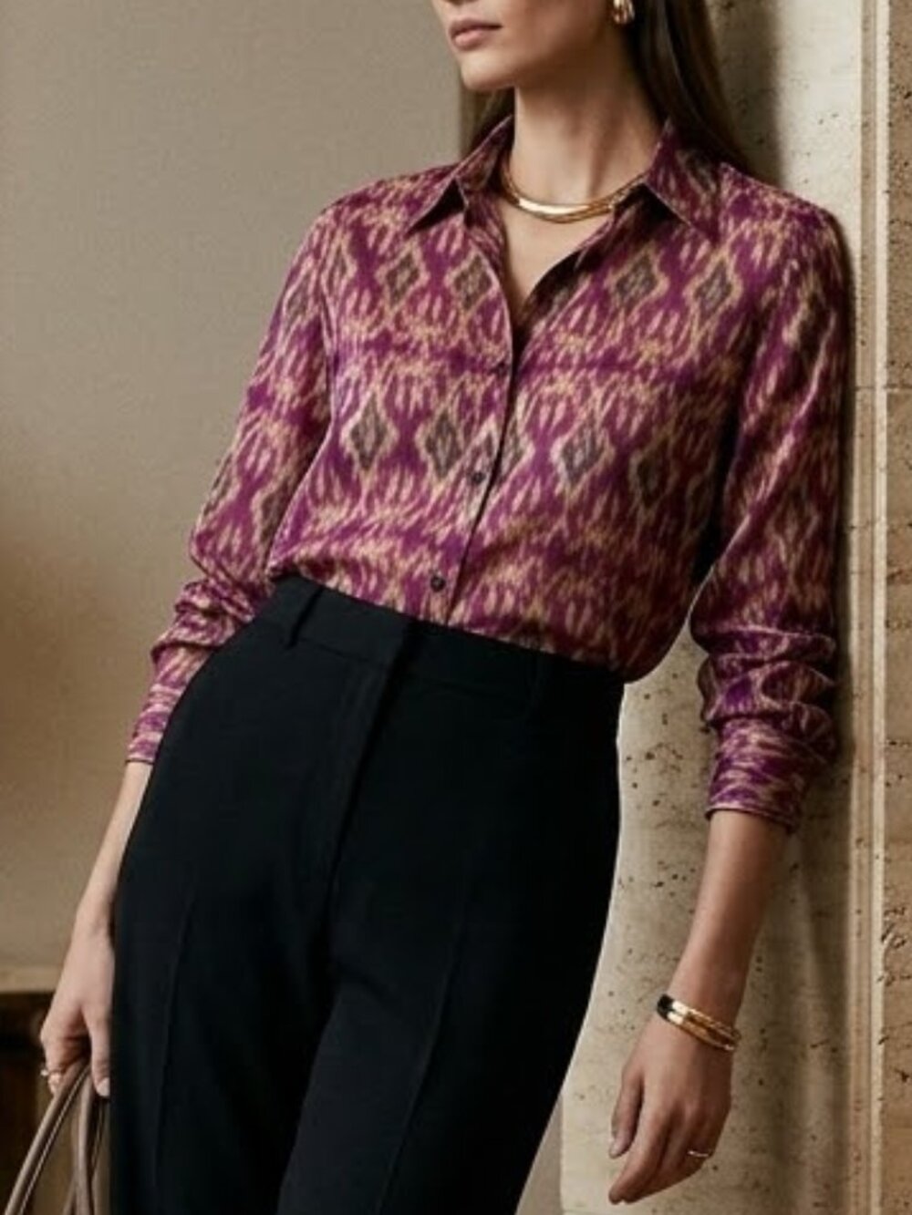 Lauren Ralph Lauren 3/4 Sleeve Women's Ikat Silk Blend Button Down Blouse Medium